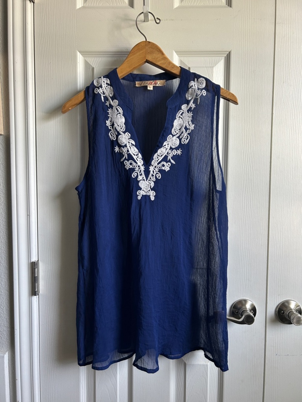 Penelope Vintage sheer blue v neck sleeveless embroidered layering blouse